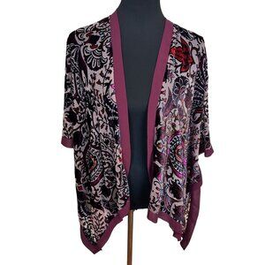 Womens Burnout Velvet Kimono Cardigan Wrap Bohemian Burgundy Openfront One Size